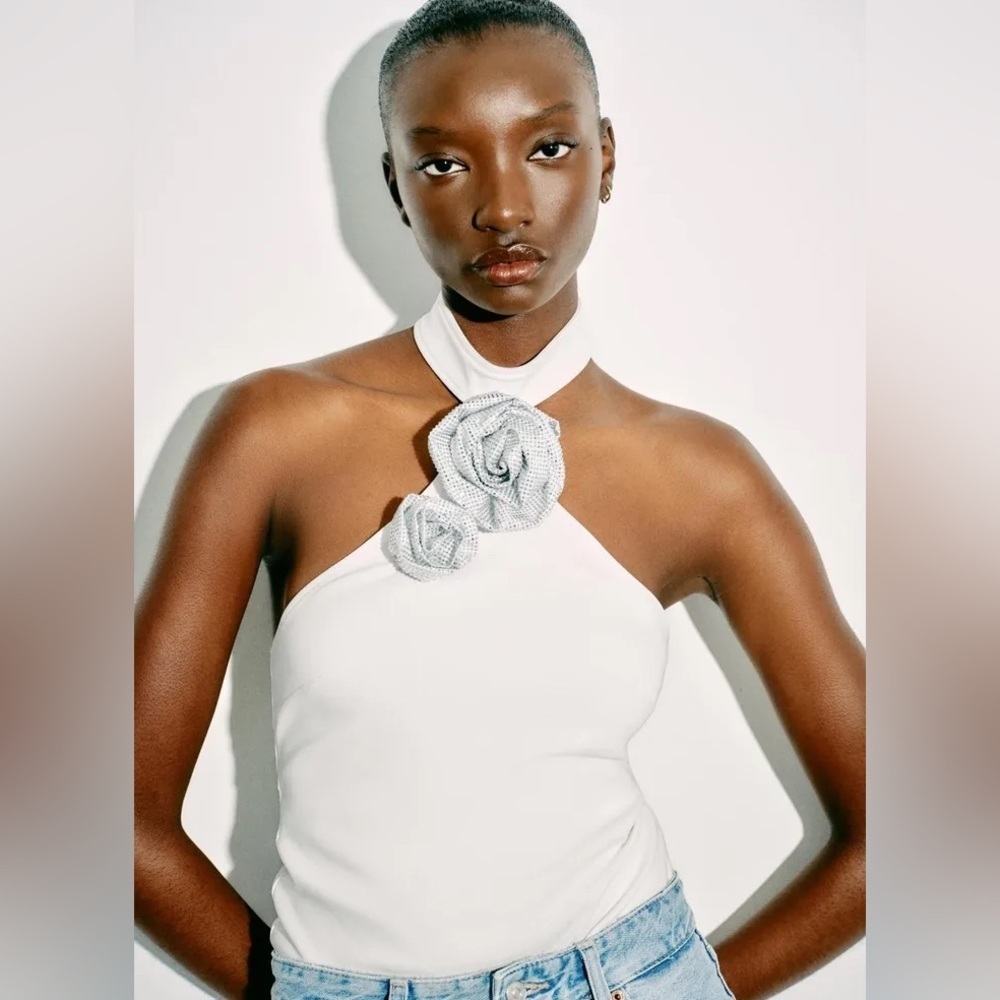 ZARA  RHINESTONE FLORAL HALTER BODYSUIT - Medium